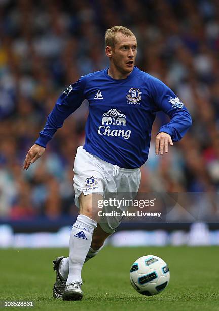 Tony Hibbert of Everton during the Barclays Premier League match between Everton and Wolverhampton Wanderers at Goodison Park on August 21, 2010 in...