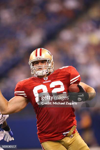 Nate Byham of the San Francisco 49ers after receiving the pass during the game against the Indianapolis Colts at Lucas Oil Stadium on August 15, 2010...