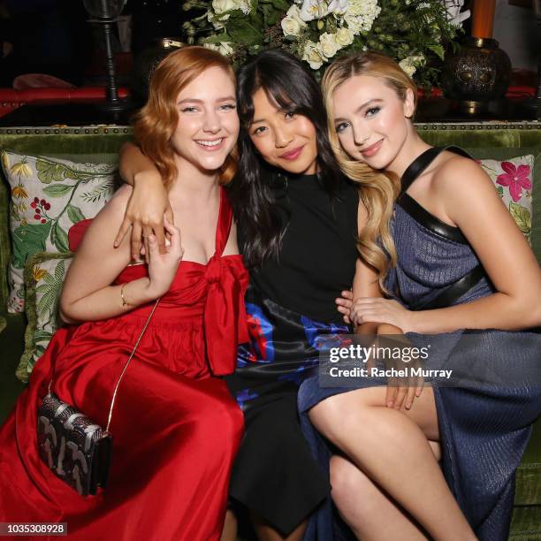 Haley Ramm, Brianne Tju and Peyton List attend Hulu's 2018 Emmy Party at Nomad Hotel Los Angeles on September 17, 2018 in Los Angeles, California.