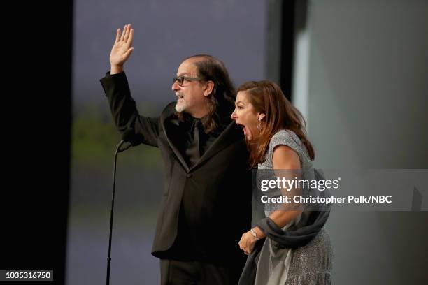 70th ANNUAL PRIMETIME EMMY AWARDS -- Pictured: Glenn Weiss and Jan Svendsen onstage during the 70th Annual Primetime Emmy Awards held at the...