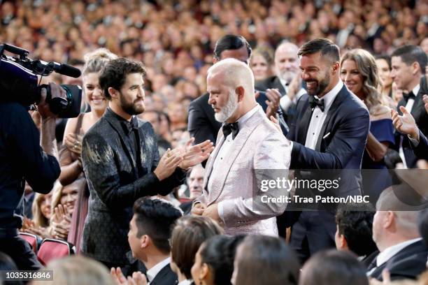 70th ANNUAL PRIMETIME EMMY AWARDS -- Pictured: Actor Darren Criss, producer/director Ryan Murphy and actor Ricky Martin win Outstanding Limited...