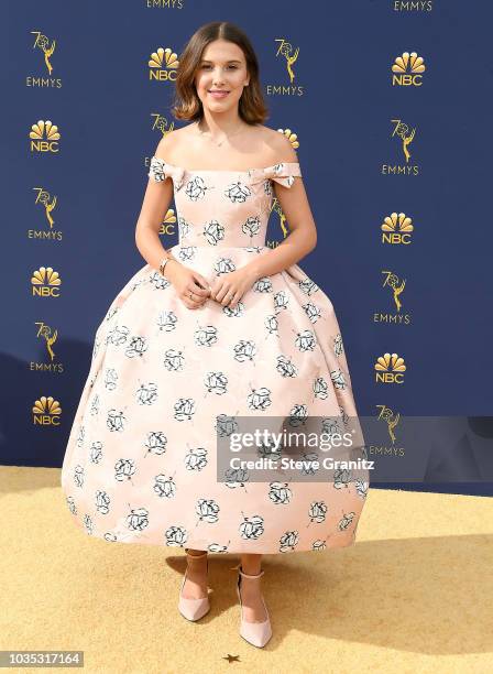 Millie Bobby Brown arrives at the 70th Emmy Awards on September 17, 2018 in Los Angeles, California.