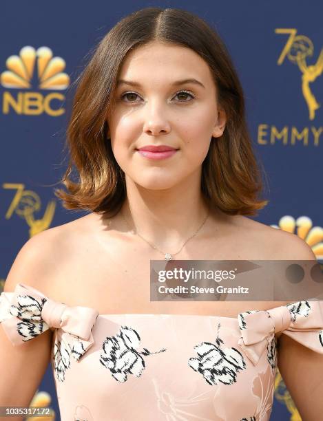 Millie Bobby Brown arrives at the 70th Emmy Awards on September 17, 2018 in Los Angeles, California.
