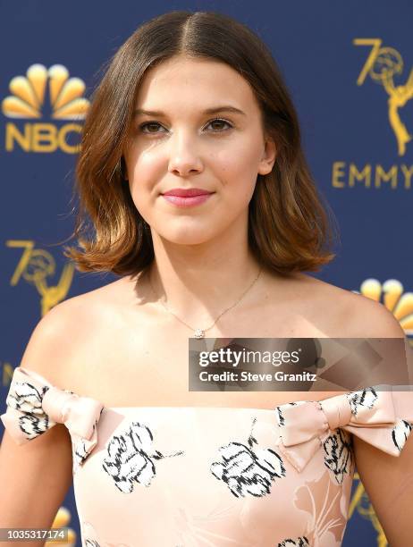 Millie Bobby Brown arrives at the 70th Emmy Awards on September 17, 2018 in Los Angeles, California.