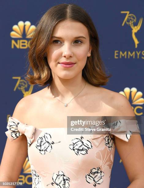 Millie Bobby Brown arrives at the 70th Emmy Awards on September 17, 2018 in Los Angeles, California.