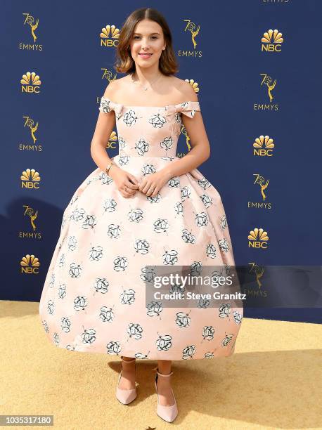Millie Bobby Brown arrives at the 70th Emmy Awards on September 17, 2018 in Los Angeles, California.