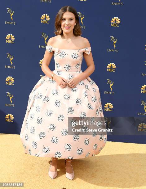 Millie Bobby Brown arrives at the 70th Emmy Awards on September 17, 2018 in Los Angeles, California.