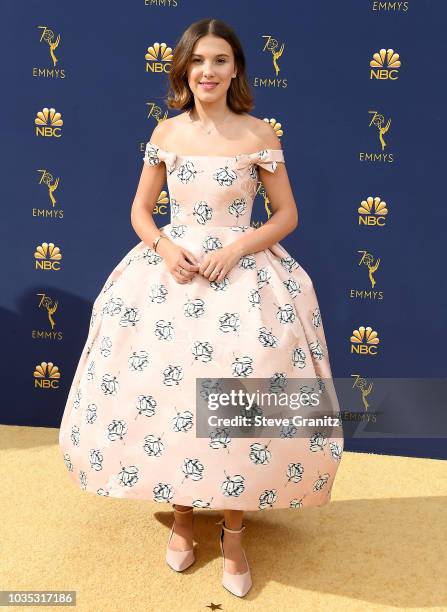 Millie Bobby Brown arrives at the 70th Emmy Awards on September 17, 2018 in Los Angeles, California.