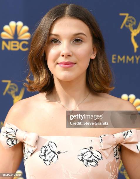 Millie Bobby Brown arrives at the 70th Emmy Awards on September 17, 2018 in Los Angeles, California.