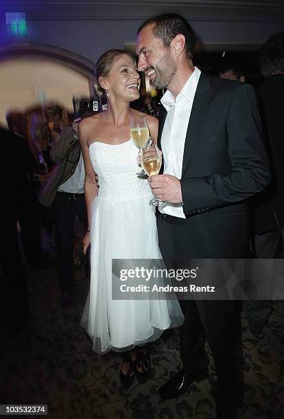 Actress Sophie Schuett and her new partner Felix Seitz attend the BMW Adlon Golf Cup 2010 party at Adlon Hotel on August 21, 2010 in Michendorf near...