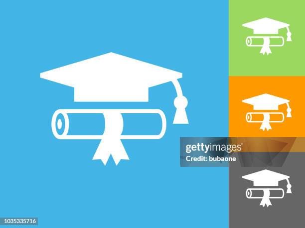 diploma and hat flat icon on blue background - high school graduation stock illustrations