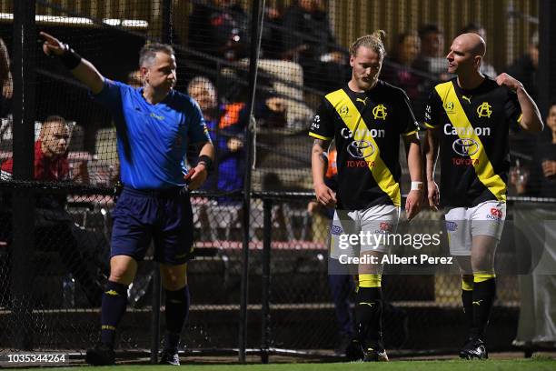 Harry Noon of Heidelberg United is sent off during the NPL Semi Final match between Lions FC and Heidelberg United at Lions Stadium on September 18,...