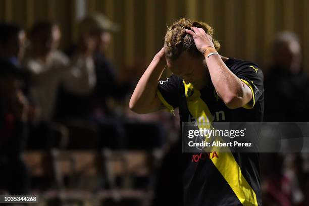 Harry Noon of Heidelberg United is sent off during the NPL Semi Final match between Lions FC and Heidelberg United at Lions Stadium on September 18,...