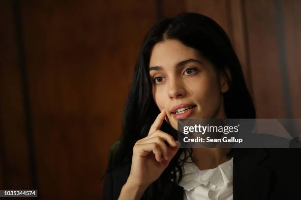 Nadezhda Tolokonnikova, activist and ex-wife of Pyotr Verzilov, speaks to the media on September 18, 2018 in Berlin, Germany. Berlin doctors...