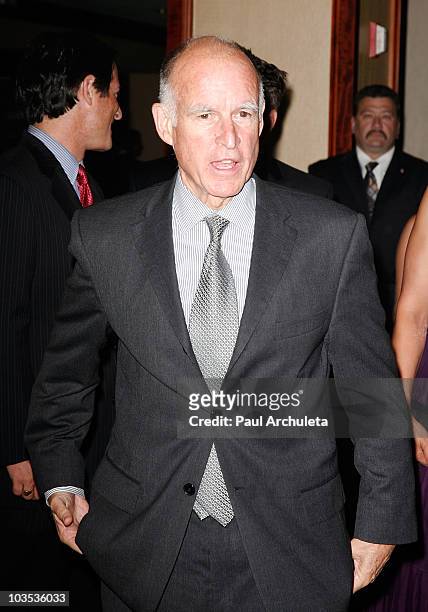 Attorney General Jerry Brown arrives at the Eagle & Badge Foundation Gala on August 21, 2010 in Century City, California.