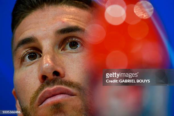 Real Madrid's Spanish defender Sergio Ramos attends a press conference at the Valdebebas training ground in Madrid on September 18, 2018 on the eve...