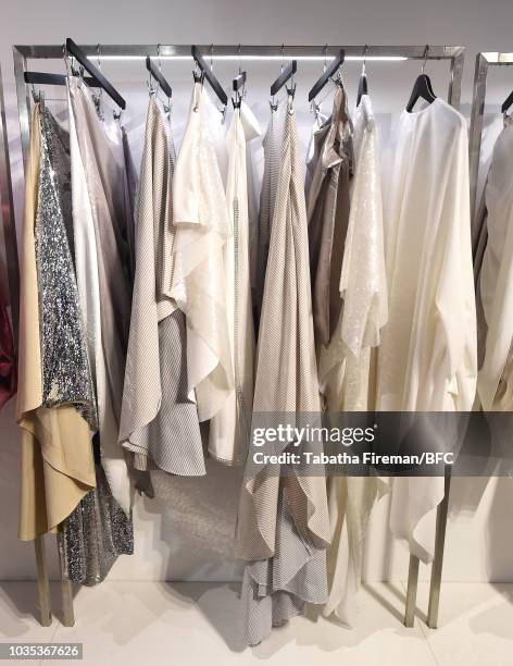 General view of designs by Paula Knorr at the NEWGEN pop-up showroom during London Fashion Week September 2018 at the BFC Designer Showrooms on...