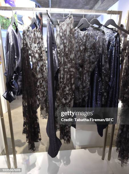 General view of designs by Paula Knorr at the NEWGEN pop-up showroom during London Fashion Week September 2018 at the BFC Designer Showrooms on...