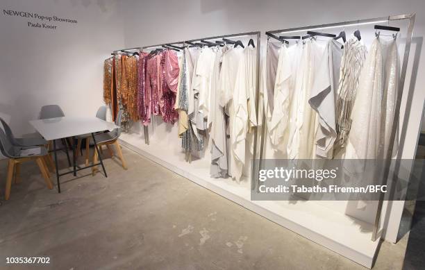 General view of designs by Paula Knorr at the NEWGEN pop-up showroom during London Fashion Week September 2018 at the BFC Designer Showrooms on...