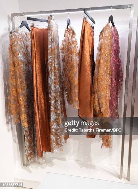 General view of designs by Paula Knorr at the NEWGEN pop-up showroom during London Fashion Week September 2018 at the BFC Designer Showrooms on...