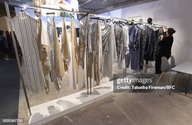 General view of designs by Paula Knorr at the NEWGEN pop-up showroom during London Fashion Week September 2018 at the BFC Designer Showrooms on...