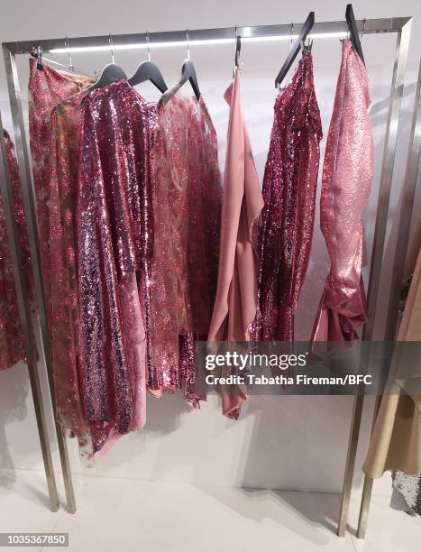 General view of designs by Paula Knorr at the NEWGEN pop-up showroom during London Fashion Week September 2018 at the BFC Designer Showrooms on...