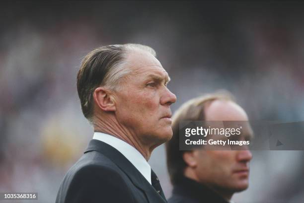 Netherlands manager Rinus Michels pictured looking on with assistant coach Dick Advocaat before a Euro 88' qualifier against Hungary on April 29,...