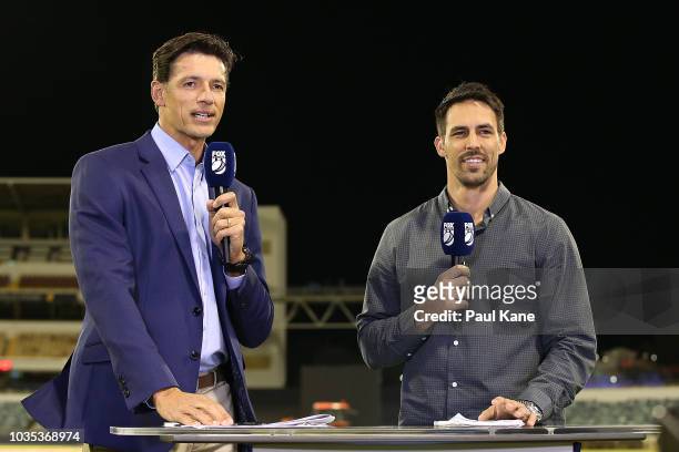 Fox Cricket commentators Brendon Julian and Mitchell Johnson talk to camera during the JLT One Day Cup match between Western Australia and New South...