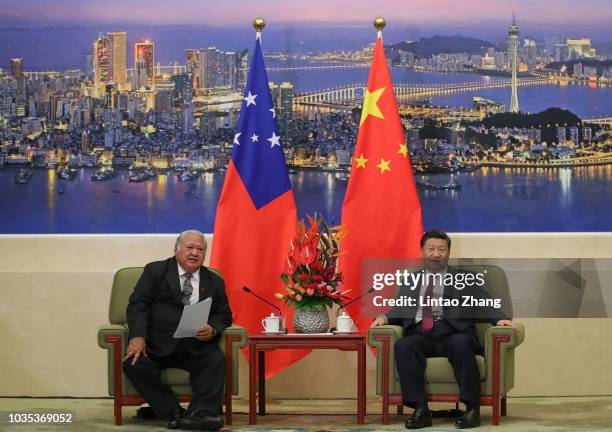 Samoa Prime Minister Tuilaepa Lupesoliai Sailele Malielegaoi meets with Chinese President Xi Jinping at The Great Hall Of The People on September 18,...