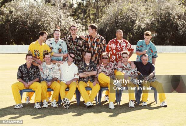 The Australia One Day Squad pictured in Hawaiian Shirts prior to a tour to Sri Lanka on August 15, 1999 in Brisbane, Australia, back row 2nd left to...