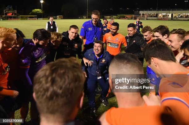 Lions FC players and coaching staff celebrate their victory in penalty shoot-outs in the NPL Semi Final match between Lions FC and Heidelberg United...