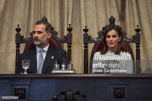 King Felipe VI of Spain and Queen Letizia of Spain attend the 30th anniversary of the ÔMagna Charta UniversitatumÕ at the Salamanca University on...