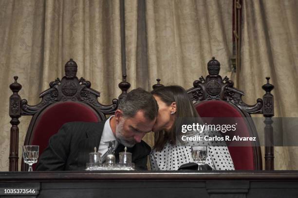 King Felipe VI of Spain and Queen Letizia of Spain attend the 30th anniversary of the ÔMagna Charta UniversitatumÕ at the Salamanca University on...