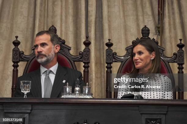 King Felipe VI of Spain and Queen Letizia of Spain attend the 30th anniversary of the ÔMagna Charta UniversitatumÕ at the Salamanca University on...