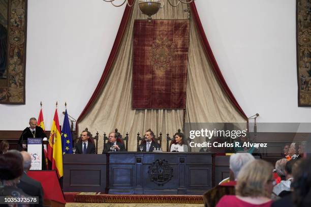 King Felipe VI of Spain and Queen Letizia of Spain attend the 30th anniversary of the ÔMagna Charta UniversitatumÕ at the Salamanca University on...