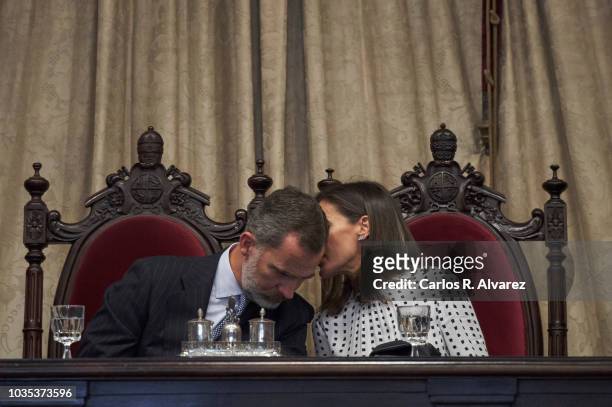 King Felipe VI of Spain and Queen Letizia of Spain attend the 30th anniversary of the ÔMagna Charta UniversitatumÕ at the Salamanca University on...