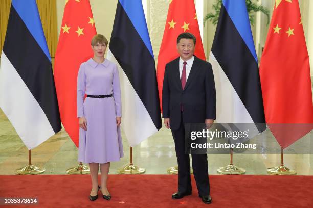 President of Estonia, Kersti Kaljulaid shakes hands with Chinese President, Xi Jinping at The Great Hall Of The People on September 18, 2018 in...