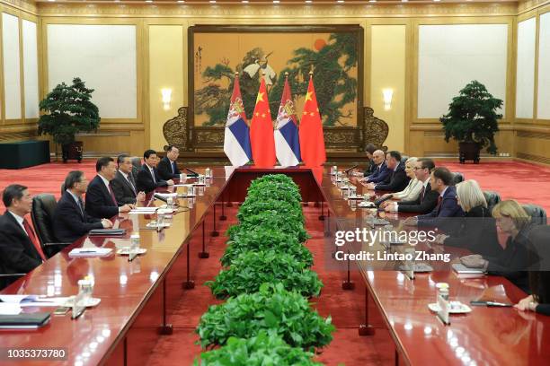 President of Serbia, Aleksandar Vucic meets with Chinese President, Xi Jinping at The Great Hall Of The People on September 18, 2018 in Beijing,...