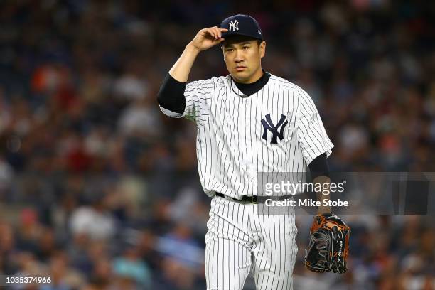Masahiro Tanaka of the New York Yankees pitches in the fifth inning against the Toronto Blue Jays at Yankee Stadium on September 14, 2018 in the...