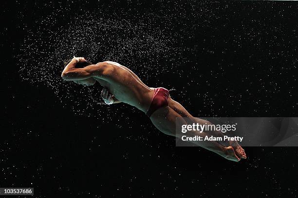 Qiu Bo of China on his way to victory in the Youth Mens 3m Springboard diving competition on day eight of the Youth Olympics at Toa Patoh Swimming...