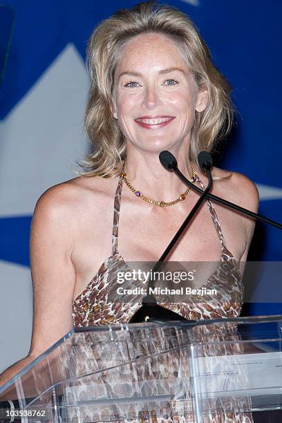 Actress Sharon Stone auctions off items at The Eagle & Badge Foundation Gala Honors on August 21, 2010 in Century City, California.