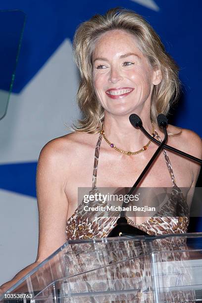 Actress Sharon Stone auctions off items at The Eagle & Badge Foundation Gala Honors on August 21, 2010 in Century City, California.