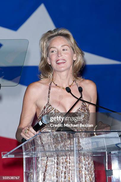 Actress Sharon Stone auctions off items at The Eagle & Badge Foundation Gala Honors on August 21, 2010 in Century City, California.