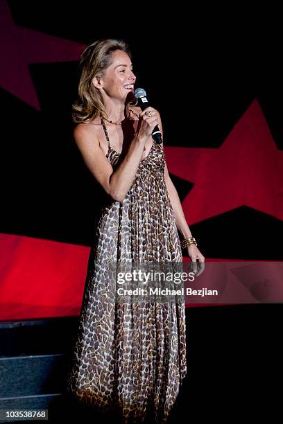 Actress Sharon Stone auctions off items at The Eagle & Badge Foundation Gala Honors on August 21, 2010 in Century City, California.