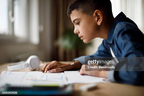 て 10 代の少年宿題 - 中学校 ストックフォトと画像