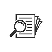 Scrutiny document plan icon in flat style. Review statement vector illustration on white isolated background. Document with magnifier loupe business concept.