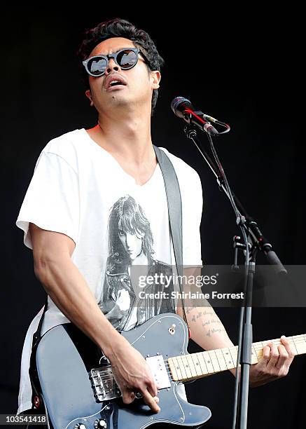 Dougy Mandagi of The Temper Trap performs at day two of V Festival at Weston Park on August 22, 2010 in Stafford, England.