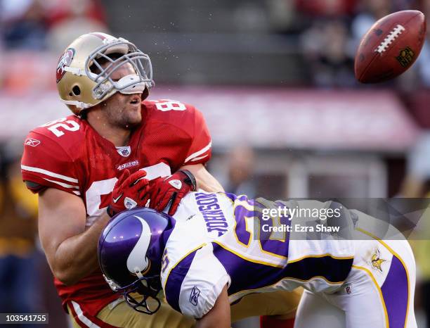 Nate Byham of the San Francisco 49ers is hit by Tyrell Johnson of the Minnesota Vikings during a preseason game at Candlestick Park on August 22,...