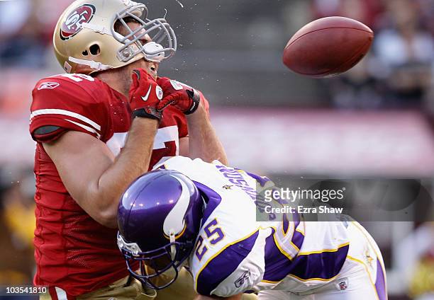 Nate Byham of the San Francisco 49ers is hit by Tyrell Johnson of the Minnesota Vikings during a preseason game at Candlestick Park on August 22,...