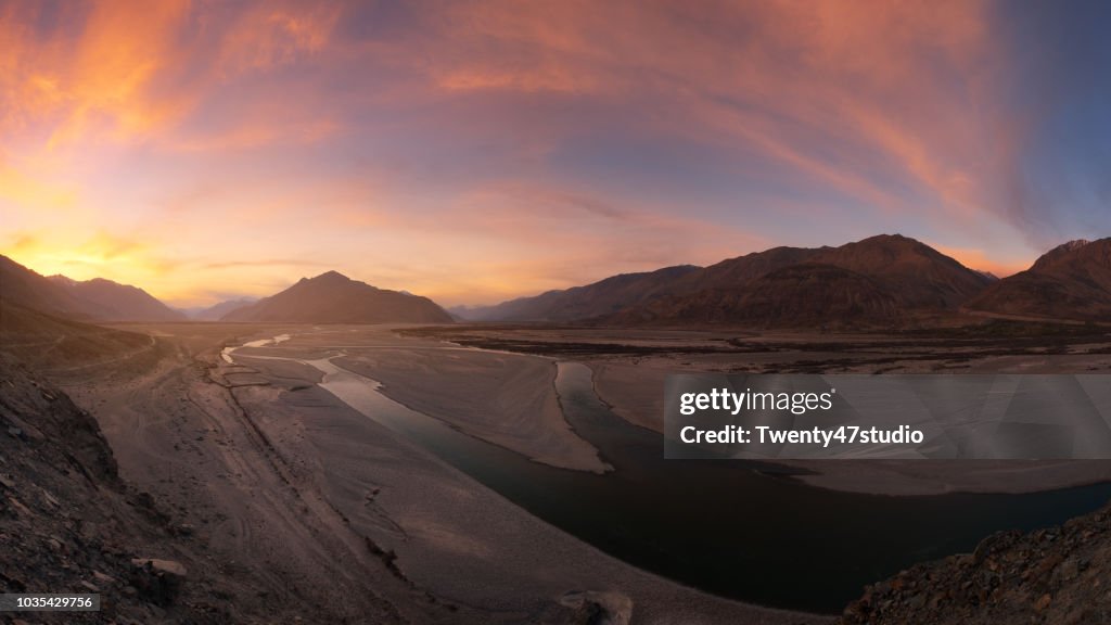 Sunset landscape view in Nubra valley, Ladakh, India